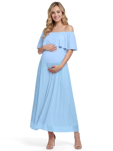 Baby Shower Dresses for Mom to Be Women Off Shoulder Ruffled Maxi Pregnant Dress Maternity Gown for Photoshoot - color: Blue, size: Medium