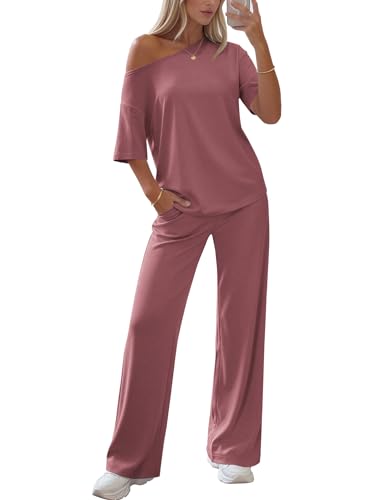 Ekouaer Women's Lounge Set Off Shoulder Short Sleeve Top & Long Pants Set - color: Old Rose, size: Medium