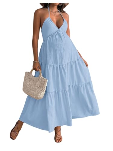 Milumia Women's Maternity Flowy Halter Maxi Dress Summer Sundress - color: Light Blue, size: Large