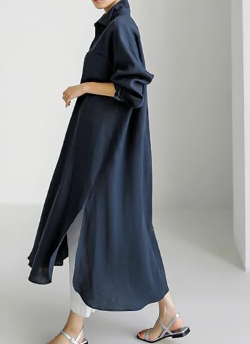 chouyatou Women's Spring Button Down Cotton Shirt Dress Summer Flowy Side Slit Maxi Shift Dress - color: Navy Blue, size: Medium