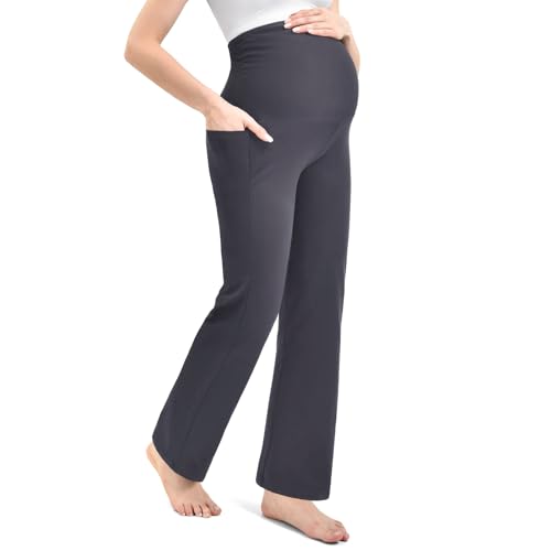 Leafigure Maternity Wide Leg Pants Over Belly with Pockets - color: Grey, size: Large