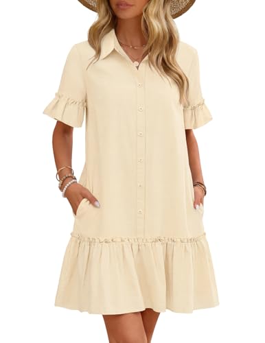 MEROKEETY Women's Summer Casual Tshirt Dress Button Down Shift Mini Dresses - color: Beige, size: Large