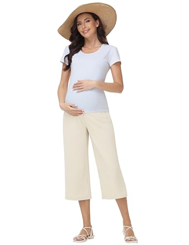 Maternity Capris Wide Leg Pregnancy Cropped Pants - color: Beige, size: X-Large