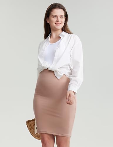 POSHDIVAH Maternity Skirt Over The Belly with Slit - color: Short-khaki, size: Large
