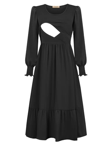 CzzzyL Women Nursing Dresses Crew Neck Fall Maternity Tiered with Pockets - color: Black, size: Medium