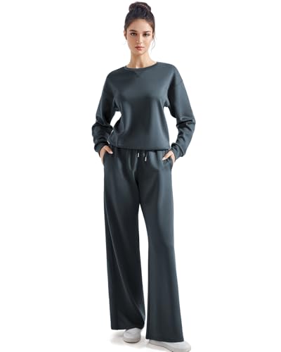 SUUKSESS Women 2 Piece Outfits Fall Oversized Sweatshirt Wide Leg Pants - color: Grey Blue, size: X-Small