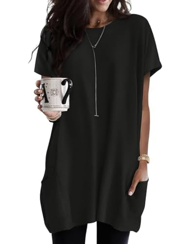Poetsky Summer Womens Tunic Tops for Leggings with Pockets Short Sleeve Casual Long T Shirts S-3XL - color: Black, size: Medium