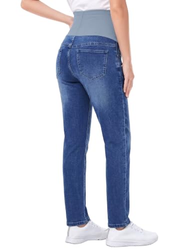 Yoklass Over The Belly Maternity Jeans Long Pants with Pockets - color: A02: Blue, size: Large