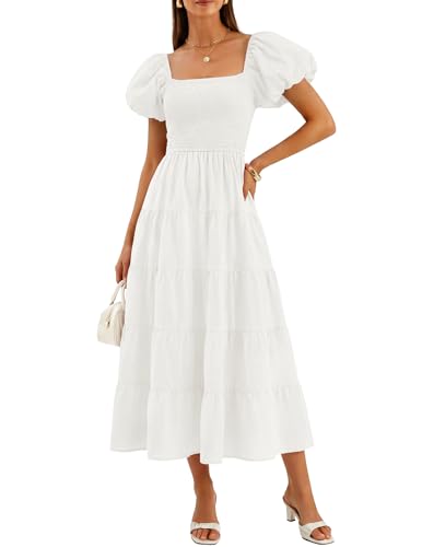 ZESICA Women Summer Puff Sleeve Boho Wedding Guest Midi Dress - color: White, size: X-Large