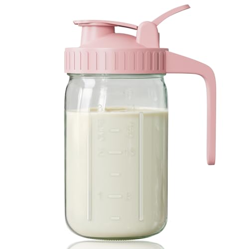 32 oz Breast Milk Pitcher, Glass Mason Jar Pitcher with Lid - color: Pink, size: 32 Ounces