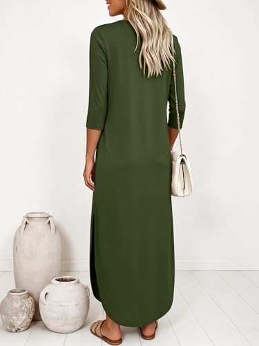 ANRABESS Women’s Air Layer 3/4 Sleeve Fall Maxi Dress & Pockets - color: Army Green, size: XX-Large