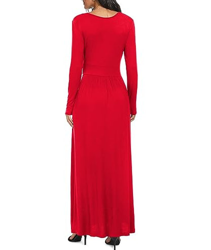 LILBETTER Women Long Sleeve Deep V Neck Loose Plain Long Maxi Casual Dress - color: Red, size: Small