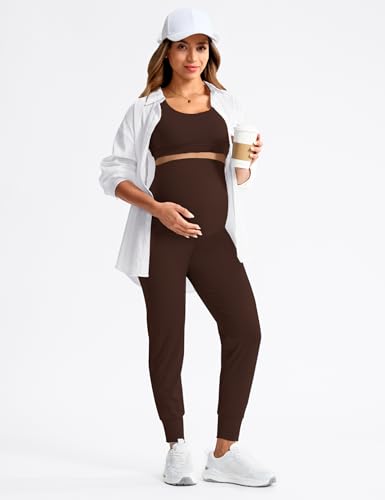 Mama Land Maternity Joggers Over Belly Pants with Zipper Pockets - color: Toasted Brown, size: XX-Large