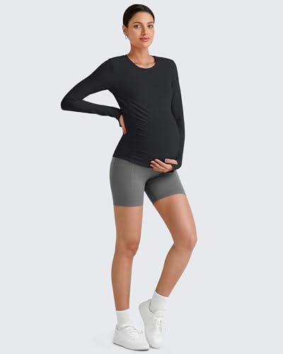 G4Free BareFeel Pregnancy Workout Tops Maternity Long Sleeve Shirts Ruches - color: Black, size: Medium