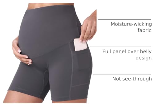POSHDIVAH Maternity Biker Shorts Over the Belly with Pockets 5"/8" - color: Grey, size: X-Large