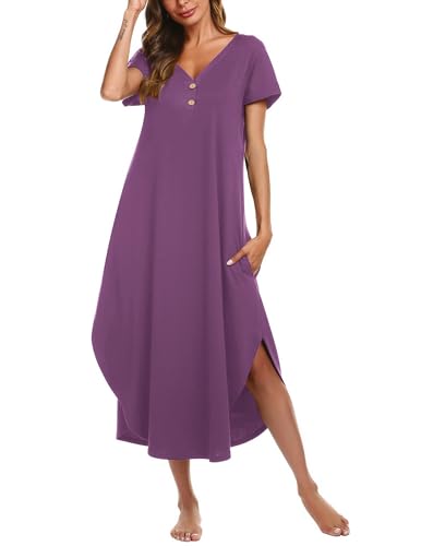 Ekouaer Long Nightgowns For Women Short Sleeve Midi Nightgown With Pockets - color: Eggplant Purple, size: 3X-Large