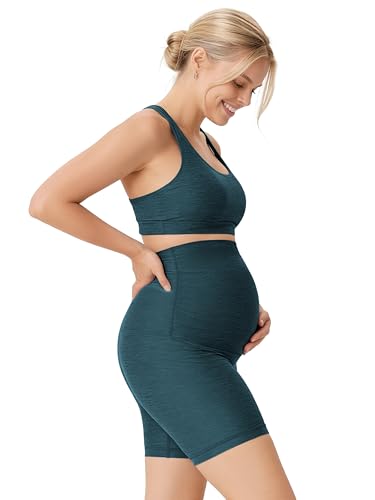 ODODOS Women's Maternity Biker Shorts 5" - Buttery Soft Over The Belly Pregnancy Lounge Yoga Shorts - color: Navy Heather, size: Medium