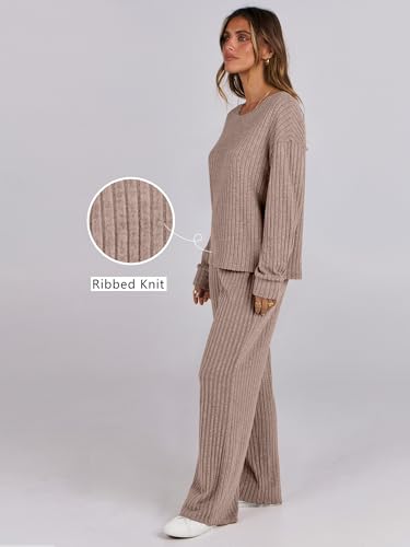 ANRABESS Women 2 Piece Lounge Pajamas Sets Casual Fall Outfits - color: Khaki, size: Large