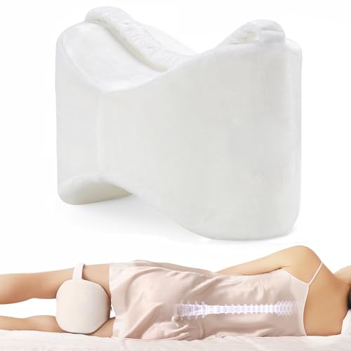 Knee Leg Pillow for Side Sleepers Leg Pillow for Side Sleeping with Strap-100% Memory Foam Wedge Contour Spacer Cushion for Back,Hip Knee Pregnancy Sciatica Pain Relief Free Sleep Mask Ear Plugs White - color: White