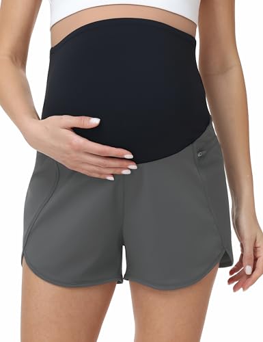 Foucome Womens 2 in 1 Maternity Athletic Shorts with Zipper Pocket - color: Grey, size: Large