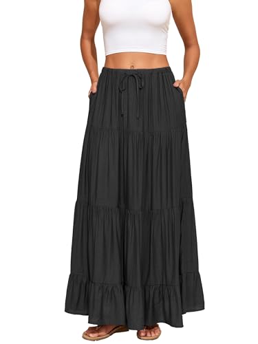 Women Flowy Tiered A Line Maxi Skirt Elastic Waist Beach Skirt with Pocket - color: Black, size: Medium