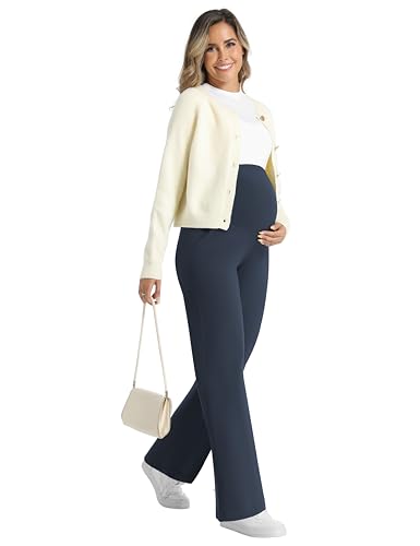 Foucome Womens Maternity Pants Wide Leg Yoga Dress Work Pants - color: Navy Blue, size: X-Large