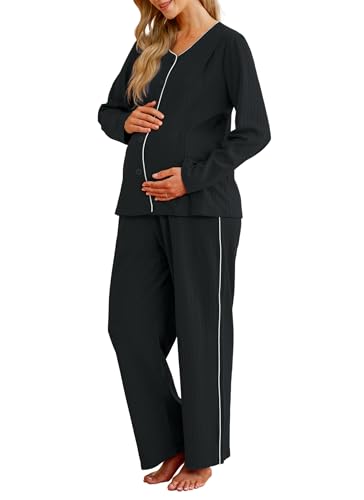 OUGES 100% Cotton Women's Maternity Nursing Pajamas Sets Button Down Breastfeeding Loungewear Top & Pants with Pockets - color: Black, size: X-Large