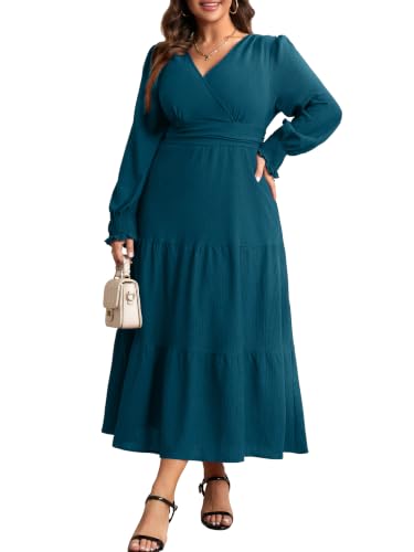 RWJ Women's Plus Size Fall Wedding Guest Dress Long Sleeve Maxi with Pocket - color: Lake Blue, size: X-Large Plus