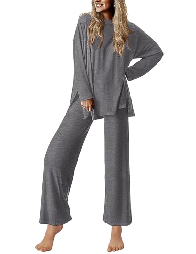 Ekouaer Lounge Sets for Women Long Sleeve Pajamas Fall Loungewear - color: Dark Gray, size: Medium