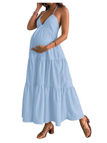 OYOANGLE Women's Summer Boho Maternity Dress Halter Flowy Baby Shower Dress - color: Light Blue, size: Large