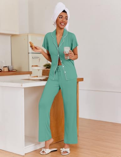 Ekouaer Pajamas for Women Set Ruffle Sleeve Button Up with Long Pants - color: Aqua Green, size: Large