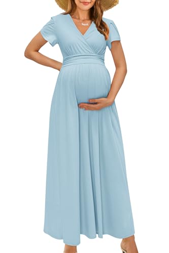 OUGES Women's Wrap V Neck Summer Maternity Photoshoot Dress with Pockets - color: Light Blue, size: Small