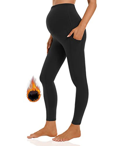 Foucome Women's Fleece Lined Maternity Leggings with Pockets - color: Black, size: Small