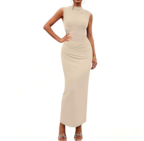 Bluetime Women's Ruched Bodycon Maxi Dresses Sleeveless Slim Fit Summer Dress Elegant Cocktail Slit Wedding Guest Dress - color: Beige, size: Small