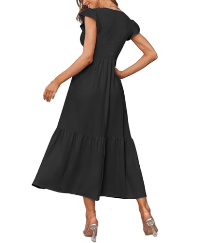 CzzzyL Women's Nursing Dress Flutter Sleeve Crew Neck Smocked Midi Pockets - color: Black, size: Medium