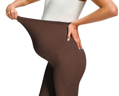 JOYSPELS Smooth Feeling Maternity Workout Leggings with Pockets Pregnancy Pants Over The Belly - color: Cappuccino, size: Medium