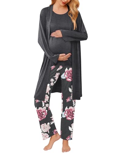 Ekouaer Maternity Pajamas Nursing Robe Set 3 Pieces Post Partum Lounge Sets - color: Medium Gray, size: XX-Large