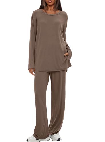 Darong Womens 2 Piece Fall Lounge Sets Oversized Tops Wide Leg Pants - color: Khaki, size: X-Large