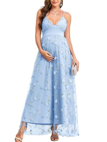 AISWI 3D Floral Maternity Maxi Dress V-Neck Tulle Spaghetti Strap A-Line Pregnancy Gown for Baby Shower Wedding Party - color: Sky Blue, size: Large