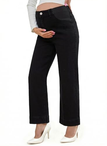 BLENCOT Women's Maternity Jeans High Waisted Wide Leg Pregnancy Pants - color: Color Black, size: Small