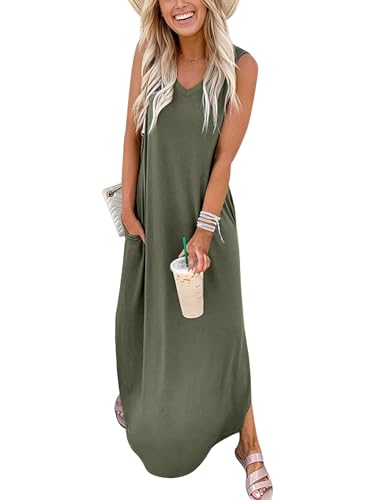 ANRABESS Women Summer Sleeveless Maxi Dress - color: Olive, size: X-Large