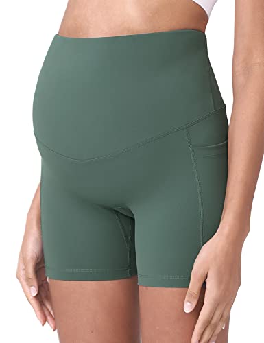 POSHDIVAH Maternity Biker Shorts Over the Belly with Pockets 5"/8" - color: Crab Green, size: Medium