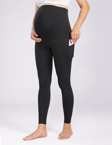 Enerful Maternity Leggings with Pockets Yoga Tights - color: Black+wine Red, size: Small
