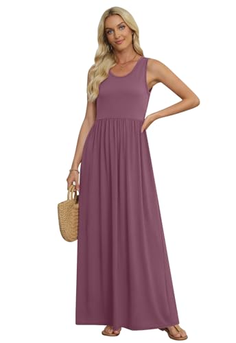 Women's Summer Sleeveless Loose Maxi Dress Casual Long Dresses with Pockets - color: Mauve, size: Medium