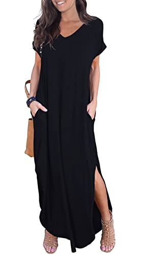 GRECERELLE Women's Summer Maxi Dress Casual Loose V Neck Short Sleeve Side Split Long Dresses with Functional Pockets - color: Black, size: Small