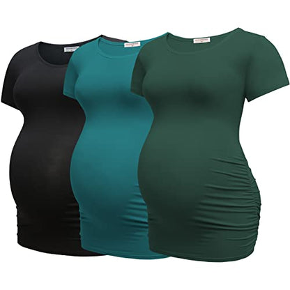 Bearsland Womens Maternity Tshirt 3 Packs Classic Side Ruched Tee Top Mama Pregnancy Clothes - color: Black+lakeblue+dpgreen(3pcs), size: Small