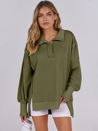 ANRABESS Sweatshirt for Women Oversized Casual Fall Henley Pullover Top - color: Army Green, size: X-Large