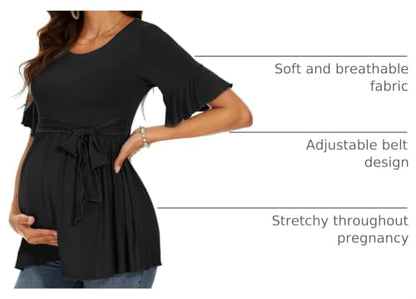 Women's Ruffle Maternity Tops Short Sleeve Wrap Tie Front Shirts Pregnancy Clothes - color: Black, size: Medium