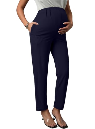 BLENCOT Maternity Work Pants Over Belly Adjustable Pregnancy Comfy Office - color: Dirty Blue, size: Medium