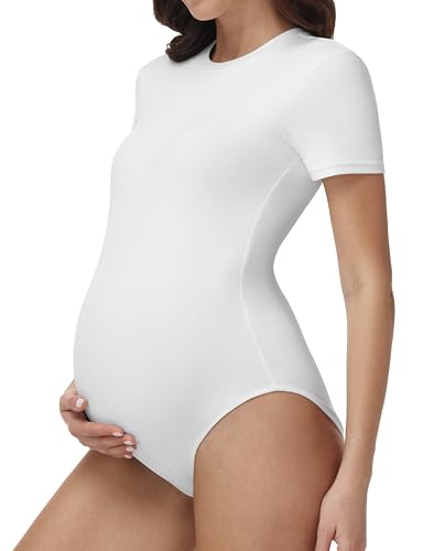 V VOCNI Maternity Bodysuit Short Sleeve Stretchy Basic Pregnancy T Shirt - color: White, size: Small